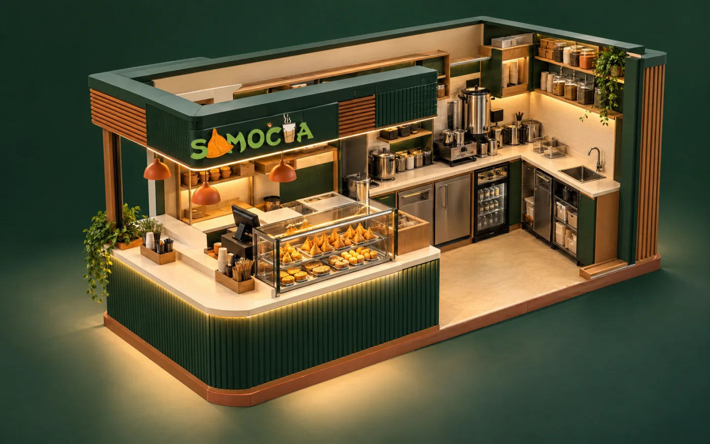 Samocha Go format cutaway render showing a compact service counter, prep area and display case