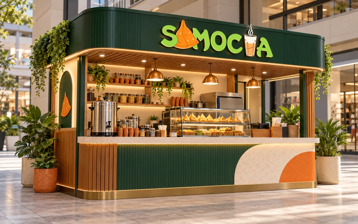 Samocha Go kiosk format render with a compact counter, pastry display and green-and-orange branded frontage