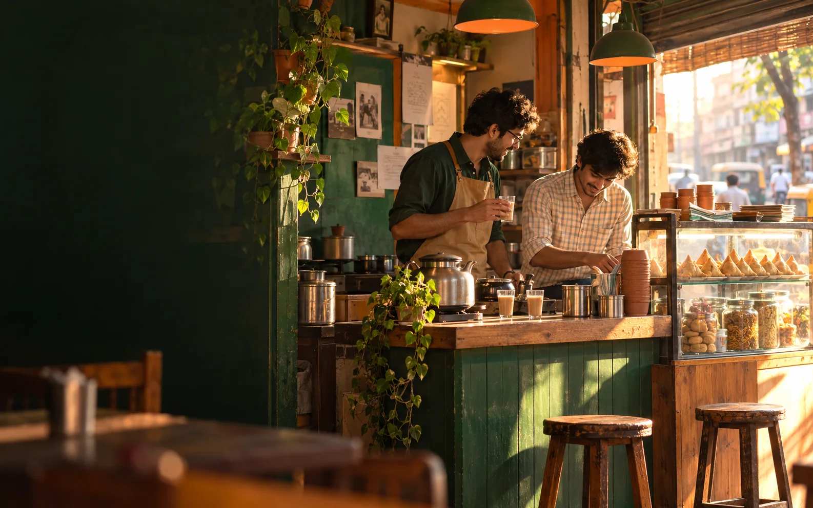 A warm Samocha tea room with chai being prepared and samosas on display